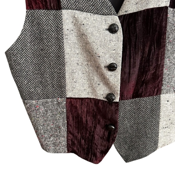Vintage 80s Melrose Patchwork Waistcoat Vest Wool Blend Velvet Herringbone Sz M - Picture 2 of 9
